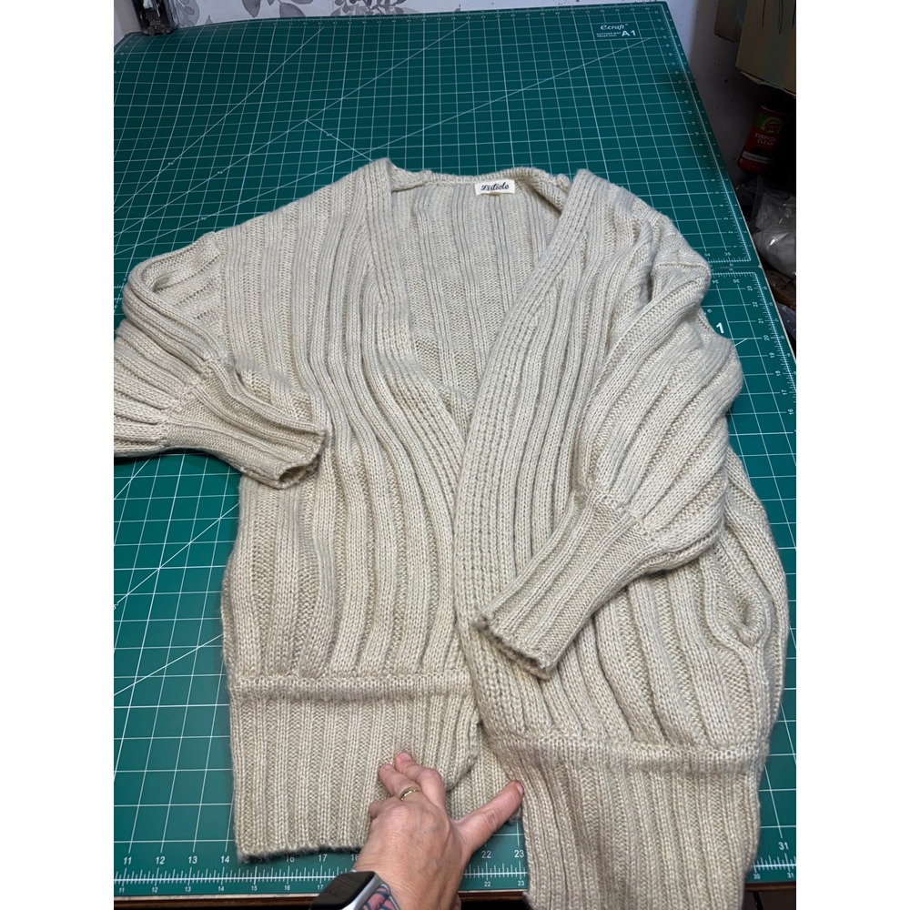 Listicle Womens Large Oatmeal Beige Ribbed Chunky Knit Open Front Cardigan